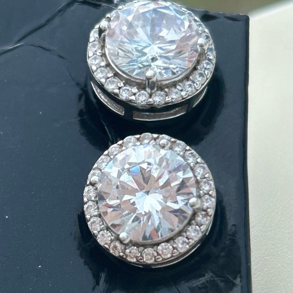 Round Crystal Halo CZ Faux Diamond Silver Earrings Affordable Luxury Earrings - Picture 7 of 11